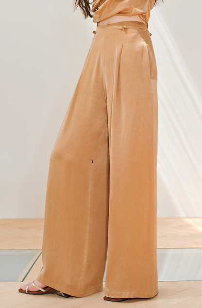 WANGXO | Sleek Cupro Asymmetrical Top and Highwaisted Pants Set -ELENORA.