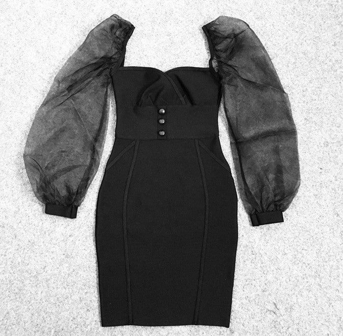 DOLLY Elegant White/Black V-Neck Mesh Long Puff Sleeve Slim Fit Dress-HAN