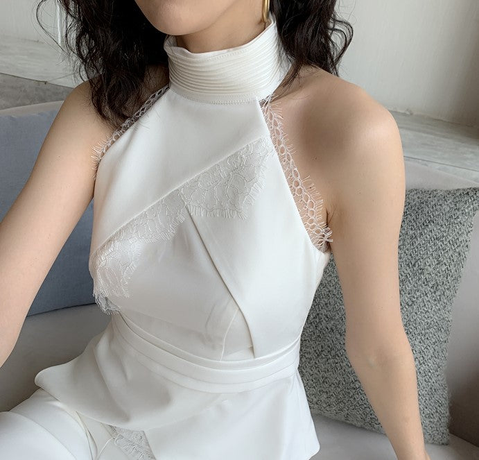 DOLLY Elegant Stand Collar Sleeveless Off Shoulder Top +Long Flared Pants-UGO