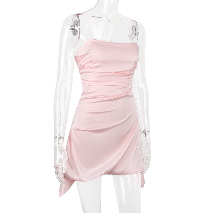 DOLLY Elegant French Style Sleeveless Tube Top Slim Fit Satin Short Dress-KARALINA