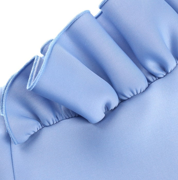 DOLLY High End Blue Crew Nek Ruffled Flying Sleeve Midi Office Dress-BELLONA