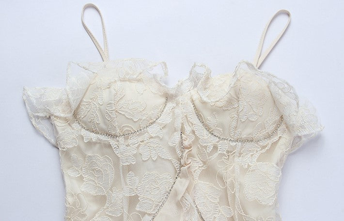 DOLLY Elegant French Style Cream Ruffled Lace Fake Two Piece Midi Dinner Dress-KAKA