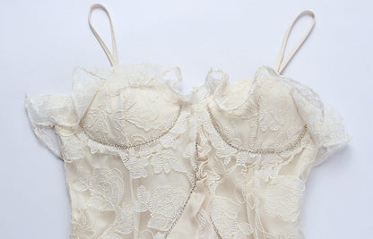 DOLLY Elegant French Style Cream Ruffled Lace Fake Two Piece Midi Dinner Dress-KAKA