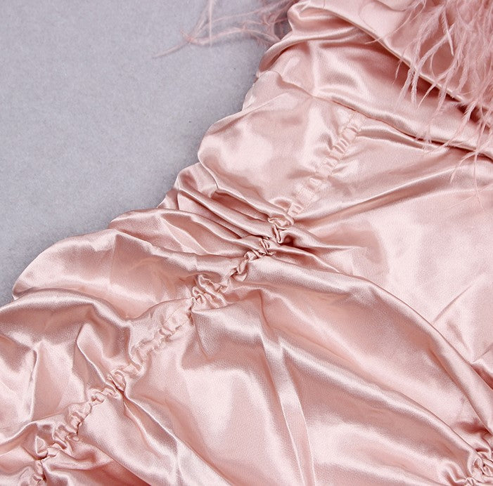 DOLLY Pink Sleeveless Diamond Chain Pleated Suspender Short Feather Dress-ZIXUAN