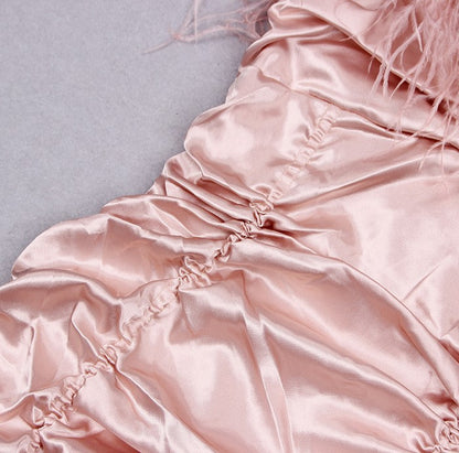 DOLLY Pink Sleeveless Diamond Chain Pleated Suspender Short Feather Dress-ZIXUAN