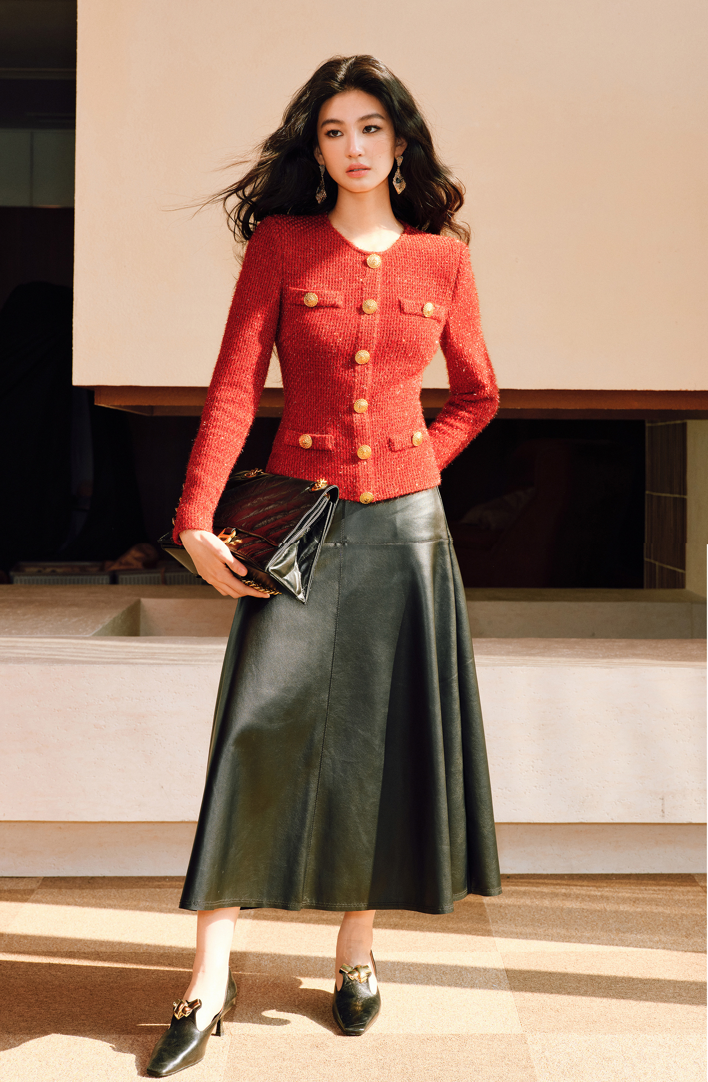 WANGXO | Luxurious Glossy Protein Leather Sheepskin A-Swing Skirt-ZARA.