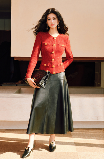 WANGXO | Luxurious Glossy Protein Leather Sheepskin A-Swing Skirt-ZARA.