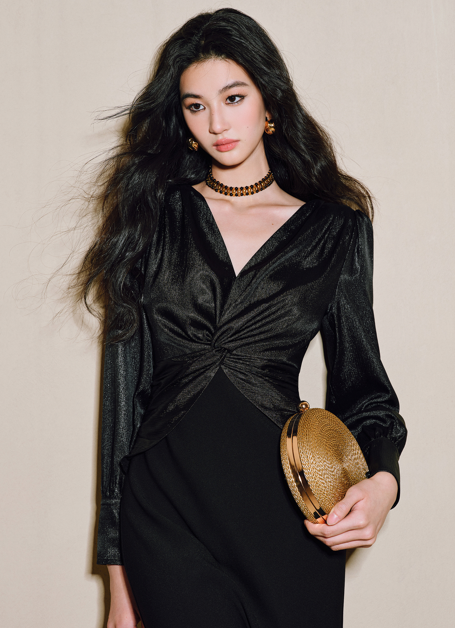 WANGXO | Wrinkled Bright Silk Satin Hemp V-Neck Twisted Waist Slim Dress -ZAYA.