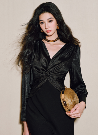 WANGXO | Wrinkled Bright Silk Satin Hemp V-Neck Twisted Waist Slim Dress -ZAYA.