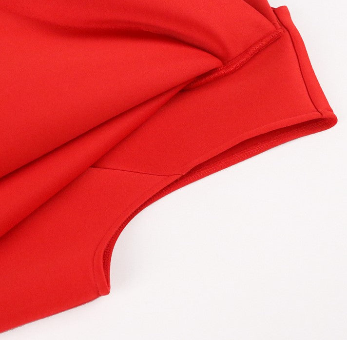 DOLLY Elegant Red Sloping Shoulder Ruffle Long Sleeve Midi Dinner Dress-KIMBRA