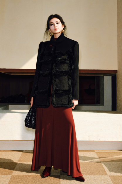 WANGXO | Heavy Industry Wavy Wool Tweed & Rabbit Fur Jacket-SENA.