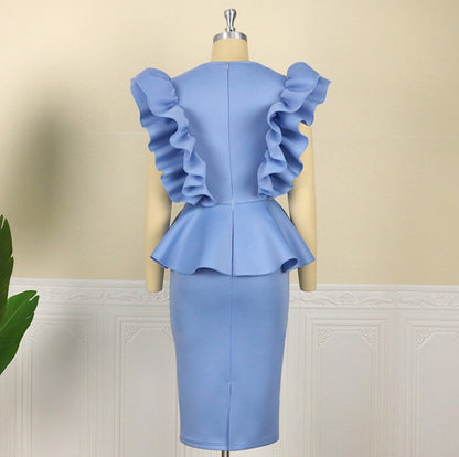 DOLLY High End Blue Crew Nek Ruffled Flying Sleeve Midi Office Dress-BELLONA