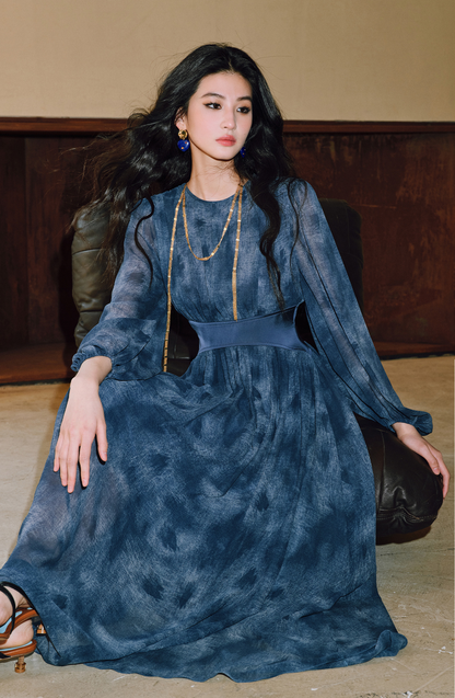 WANGXO | Double-Sided Messy Linen Hand-Spliced Satin Waist Hem Dress - NÍLA.