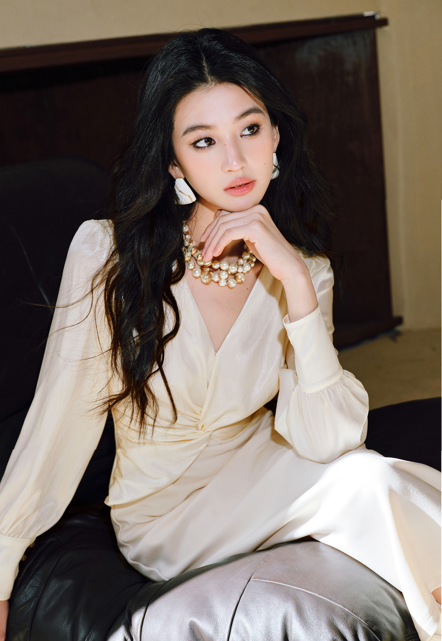 WANGXO | Wrinkled Bright Silk Satin Hemp V-Neck Twisted Waist Slim Dress -ZAYA.