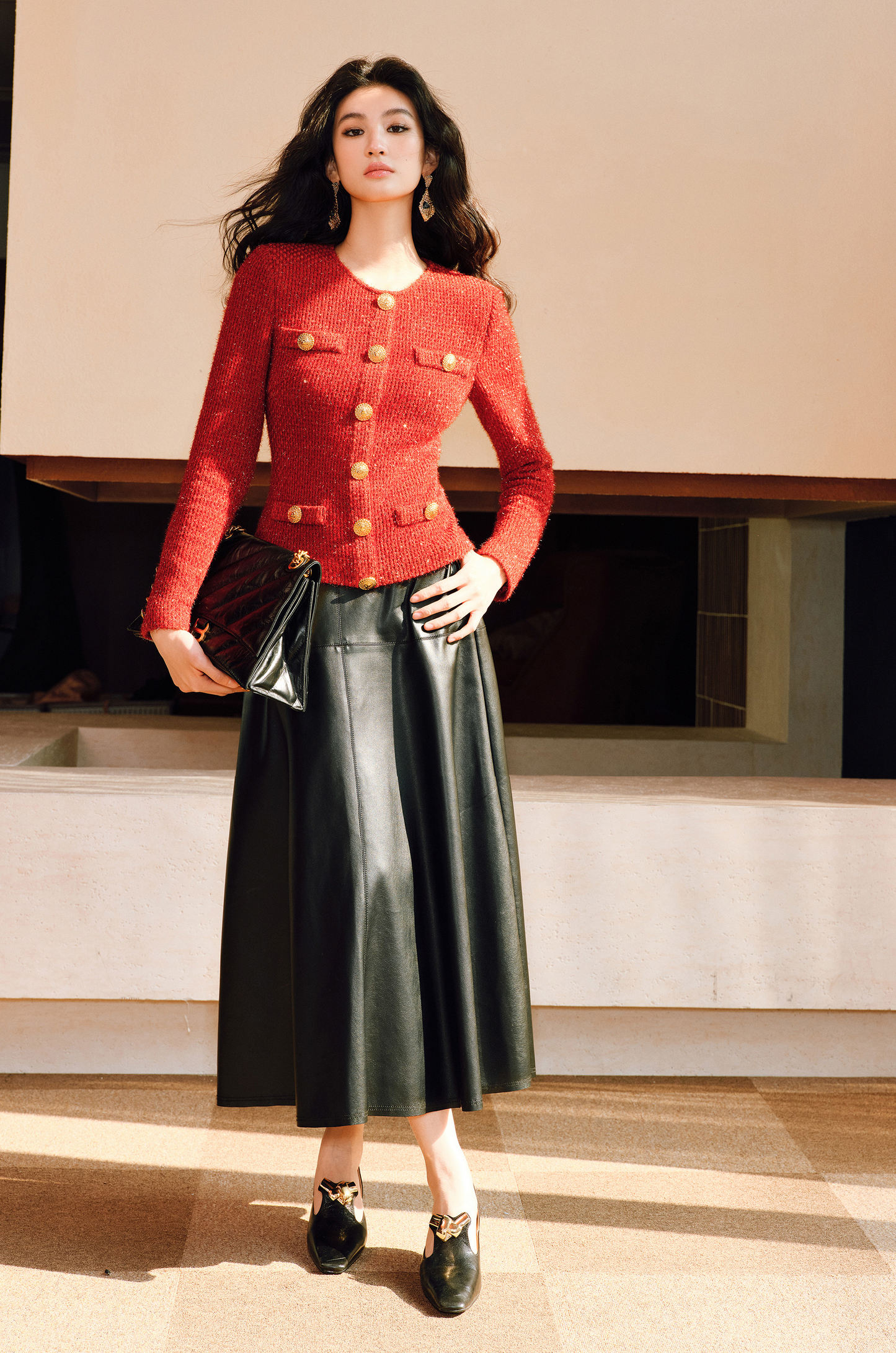 WANGXO | Luxurious Glossy Protein Leather Sheepskin A-Swing Skirt-ZARA.