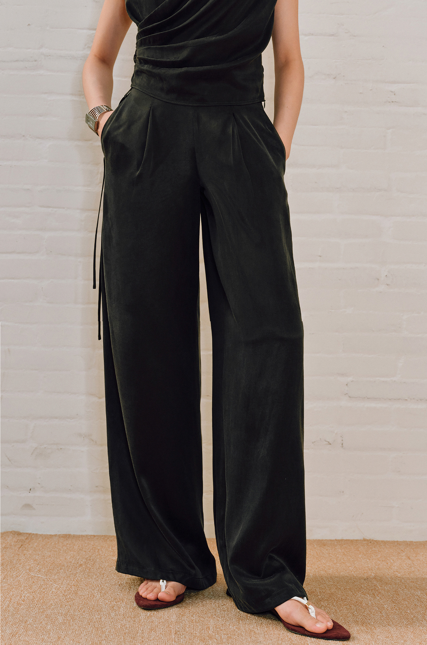 WANGXO | Sleek Cupro Asymmetrical Top and Highwaisted Pants Set -ELENORA.