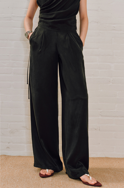 WANGXO | Sleek Cupro Asymmetrical Top and Highwaisted Pants Set -ELENORA.