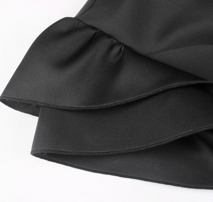 DOLLY Elegant French Style Black Stand Collar Short Sleeve Office Dress-MAMA