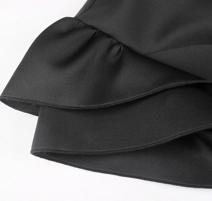 DOLLY Elegant French Style Black Stand Collar Short Sleeve Office Dress-MAMA