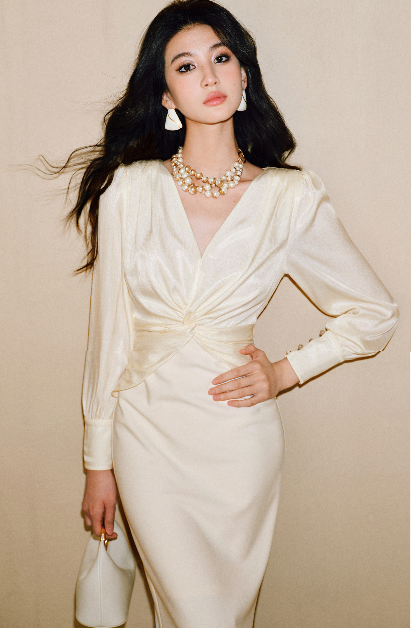 WANGXO | Wrinkled Bright Silk Satin Hemp V-Neck Twisted Waist Slim Dress -ZAYA.