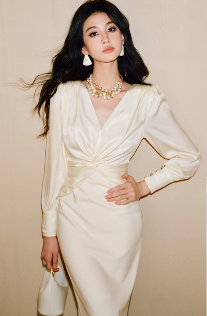 WANGXO | Wrinkled Bright Silk Satin Hemp V-Neck Twisted Waist Slim Dress -ZAYA.
