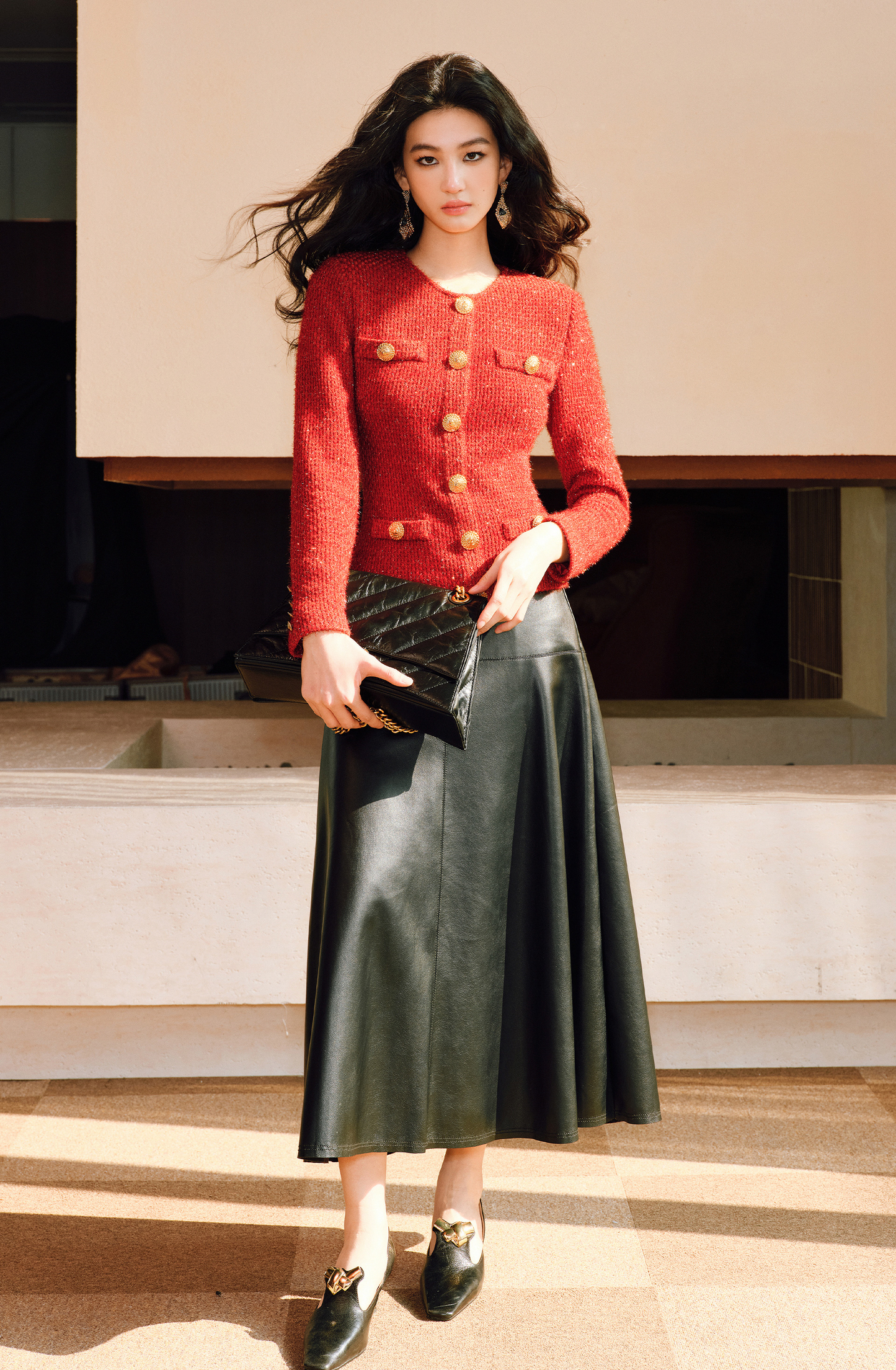 WANGXO | Luxurious Glossy Protein Leather Sheepskin A-Swing Skirt-ZARA.