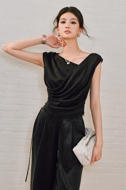 WANGXO | Sleek Cupro Asymmetrical Top and Highwaisted Pants Set -ELENORA.