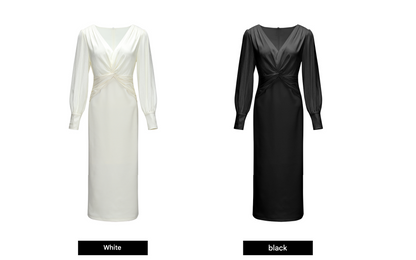 WANGXO | Wrinkled Bright Silk Satin Hemp V-Neck Twisted Waist Slim Dress -ZAYA.