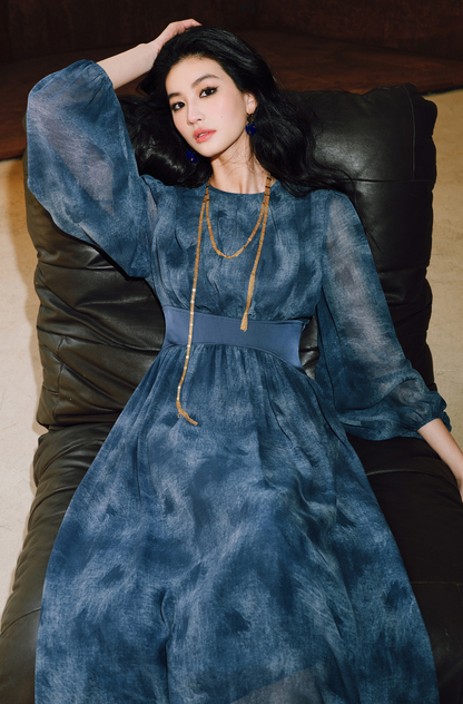WANGXO | Double-Sided Messy Linen Hand-Spliced Satin Waist Hem Dress - NÍLA.