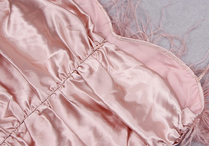 DOLLY Pink Sleeveless Diamond Chain Pleated Suspender Short Feather Dress-ZIXUAN