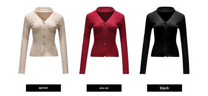 WANGXO | Double-Woven Crushed Silver Silk Knit V-Neck Slim-Fit Top-YANI.