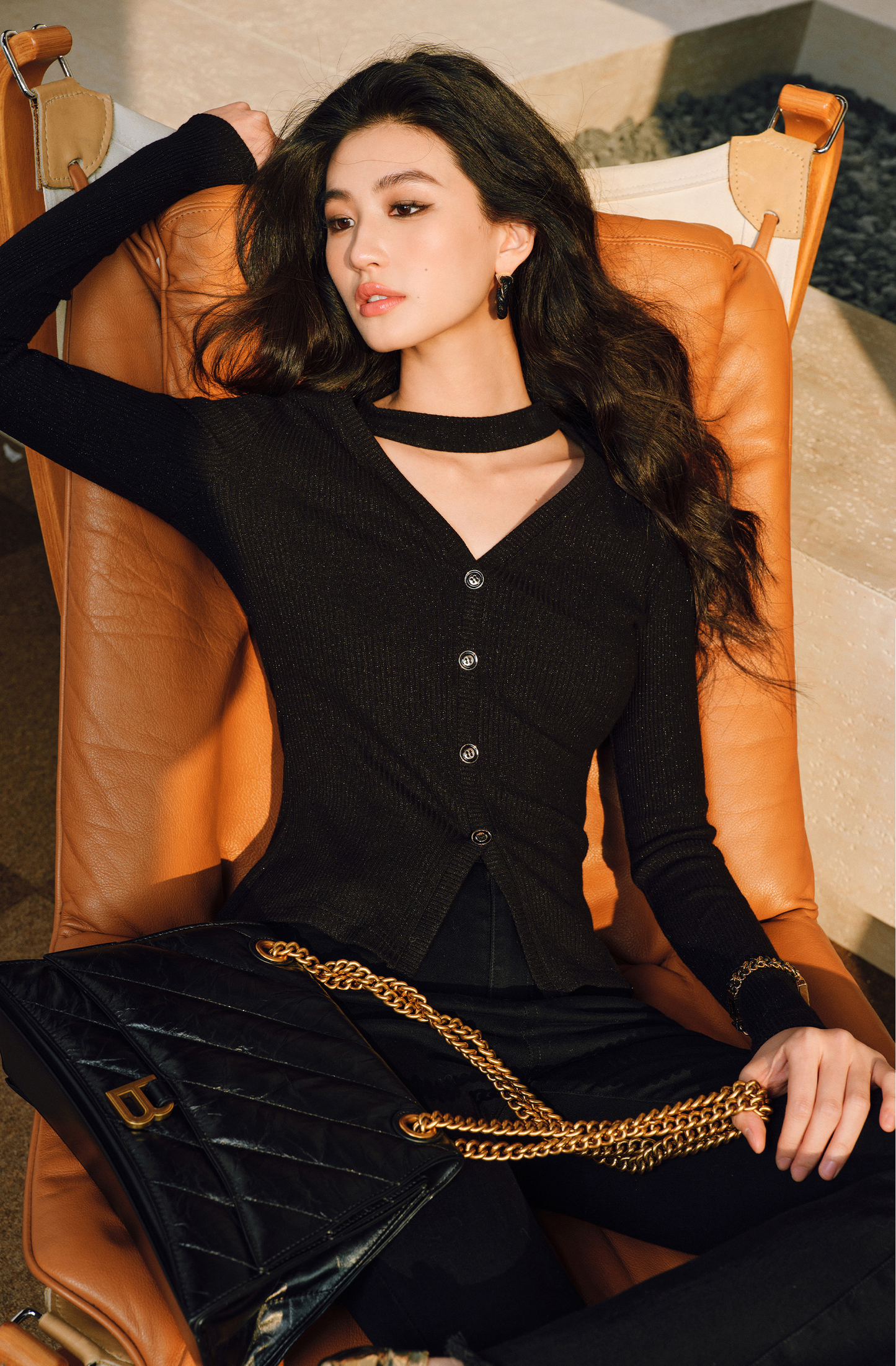 WANGXO | Double-Woven Crushed Silver Silk Knit V-Neck Slim-Fit Top-YANI.