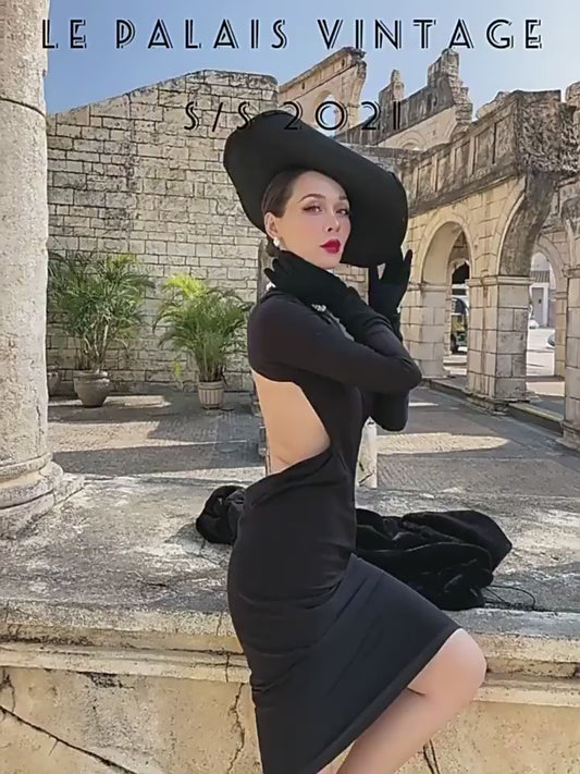 Le Palais Vintage Black Long Sleeve Open Back Matte Satin Cocktail Dress-Jade