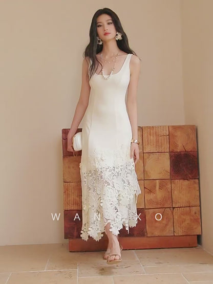 WANGXO High Stretch Knitted Stitching Neckline Slim Fit Three-Dimensional Split Sleeveless Dress - ELISE
