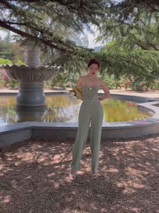 Le Palais Vintage Elegant Pine Green Herringbone Corset High Waist Pants-Peg.