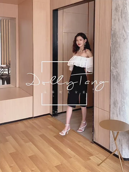 DOLLY Elegant Black and White Satin Off Shoulder Ruffled Tube Top Slim Fit Dress-MAG