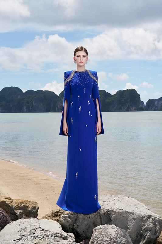 Tracy Studio luxury Blue wedding Flared Sleeves Crystal Embellished royalty Evening Dress - Tesora Blue