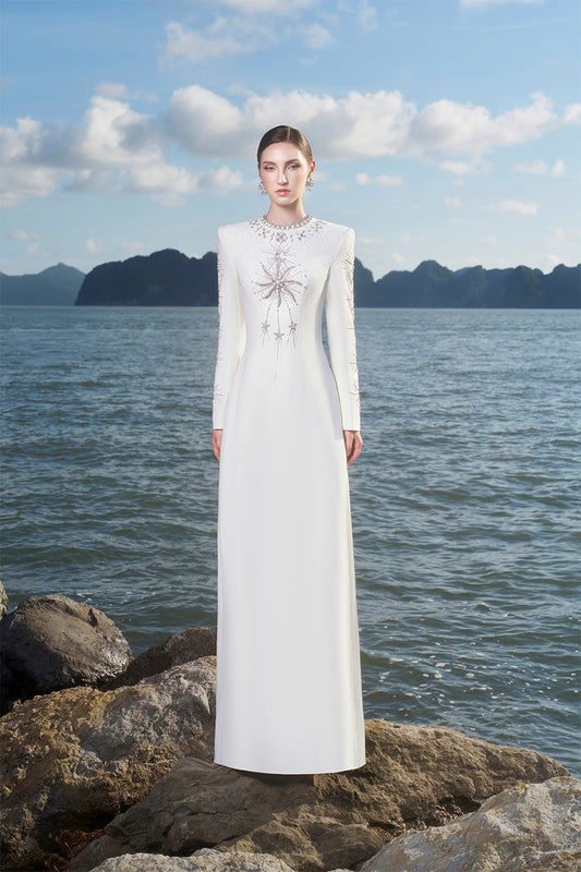 Tracy Studio luxury  royal elegant shophisticated modest white wedding Big Sun Crystal Embellished long Sleeves A-line  Evening Dress - Tilly