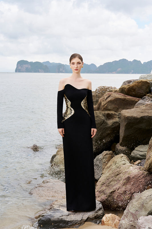 Tracy Studio luxury crystal embellished waist Wavy Off Shoulder Floor Length Evening Dress -Trinity