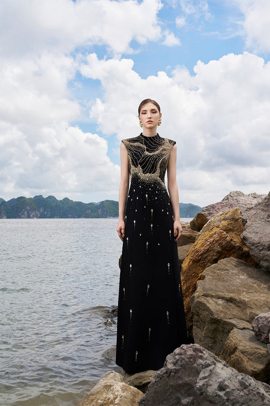 Tracy Studio luxury Crystal embellished Sleeveless high neck A-Line evening dress - Talia