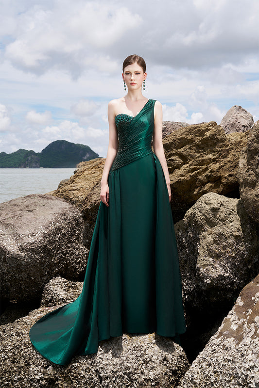 Tracy Studio luxury elegant One Side Crystal Embellished One Shoulder Green Evening Dress - Toria