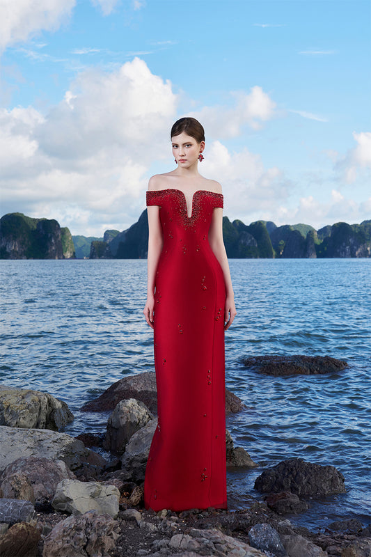 Tracy Studio luxury Crystal Embellished Curved Chest Off-Shoulder Evening Dress - Thalie