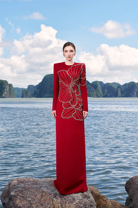 Tracy Studio luxury Long Sleeve Orchid Patterned Floral Crystal Embellished Straight Evening Dress - Thorian