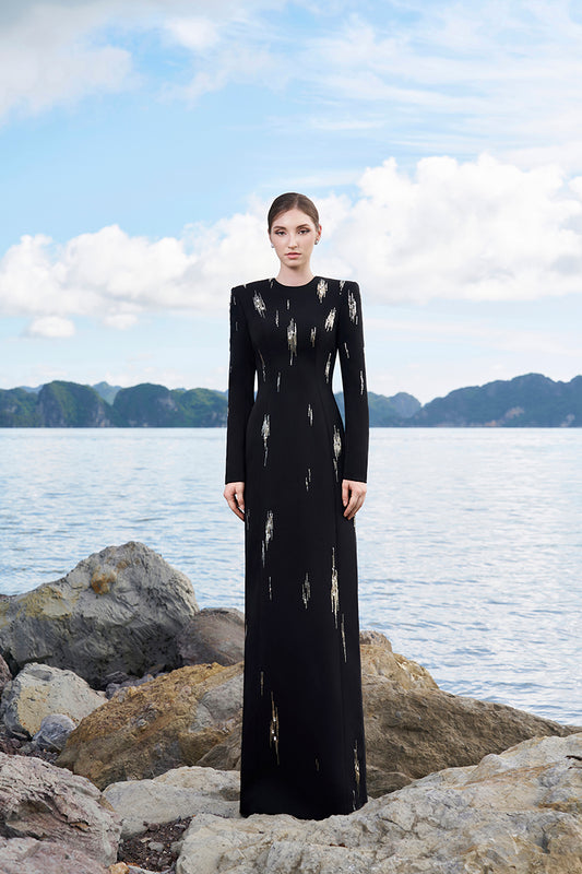 Tracy Studio luxury Bead embellished Rainfall Long Sleeves Evening Dress - Taryn