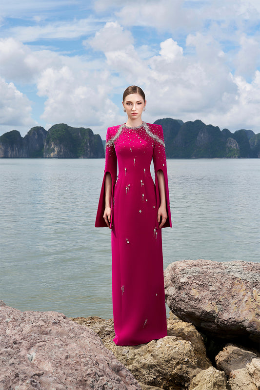 Tracy Studio luxury white wedding Flared Sleeves Crystal Embellished Evening Dress - Tesora Pink