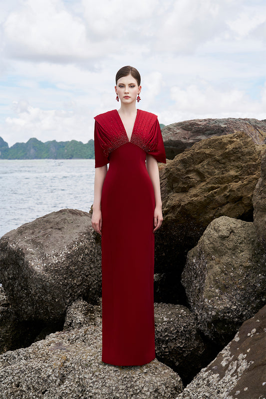 Tracy Studio luxury crystal embellished Flared Sleeves Deep V-Neck Dress - Tilda Black