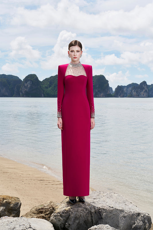 Tracy Studio luxury crystal embellished High Neck long sleeve Dress - Tinka