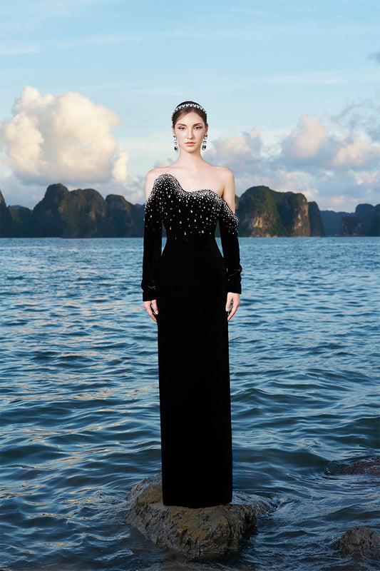 Tracy Studio  white tie event dress, black tie dress, luxury crystal embellished Wavy Off Shoulder Floor Length Long Sleeves Evening Dress -Torrye