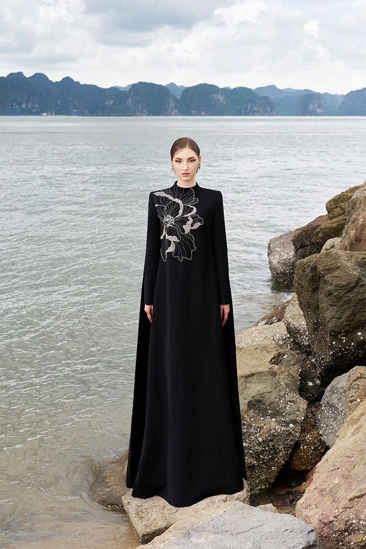 Tracy Studio luxury Crystal Embellished High Neck Regal Long Back Flap Cape Evening Dress - Theodora