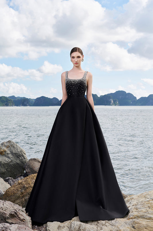 Tracy Studio luxury Strappy crystal embellished Square Neck Flared A-line Ball gown dress- Tempeste Black